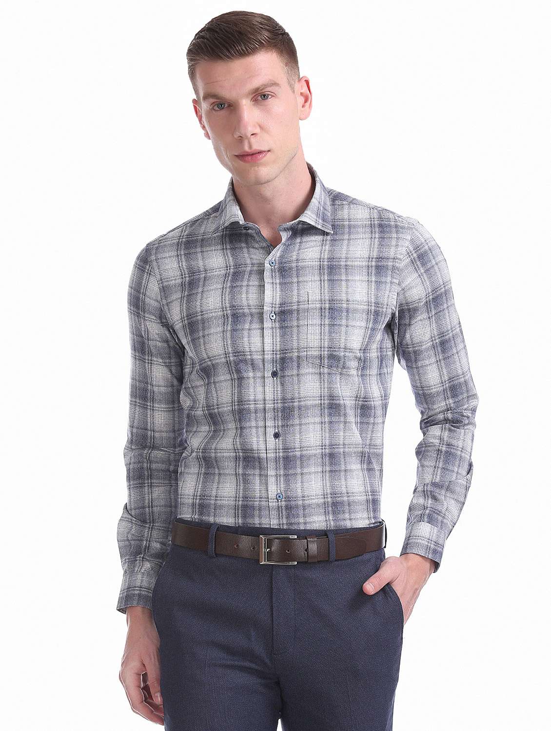blue checkered formal shirt