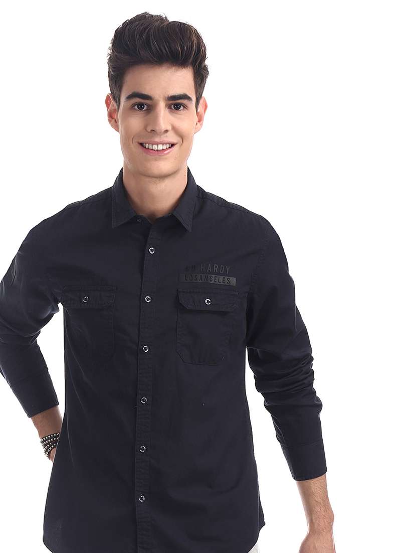 navy blue solid casual shirt - 17739494 - Standard Image - 2