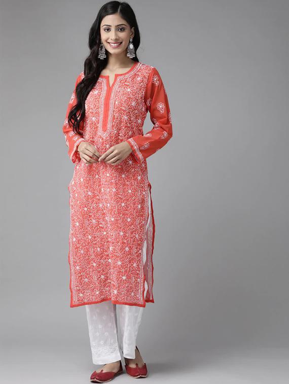 ada hand-embroidered red chikankari kurta palazzo set 