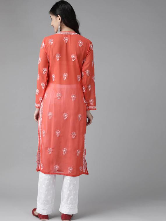 ada hand-embroidered red chikankari kurta palazzo set  - 17740091 -  Standard Image - 2