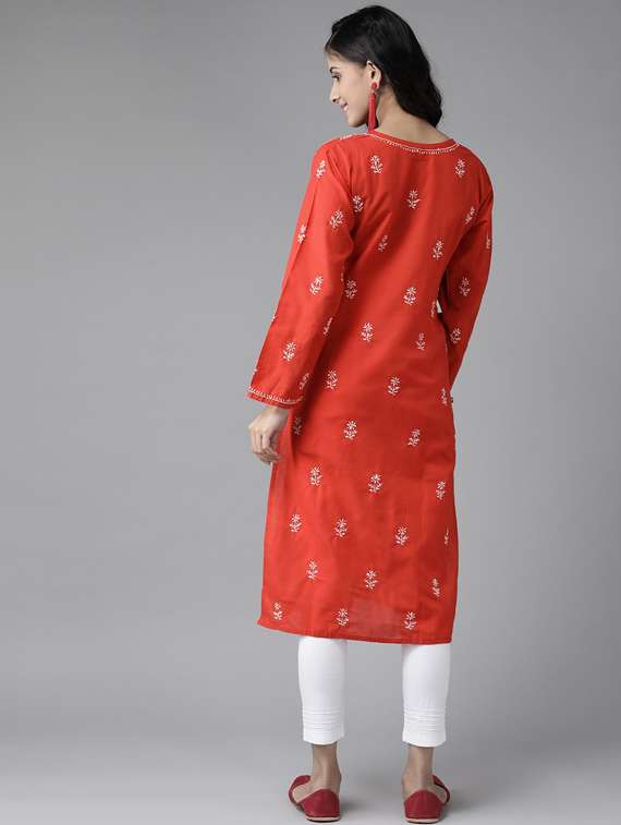ada hand-embroidered red chikankari kurta pant set - 17740093 - Standard Image - 2