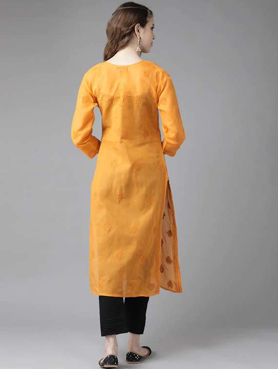 ada hand-embroidered mustard chikankari kurta pant set - 17740095 - Standard Image - 2