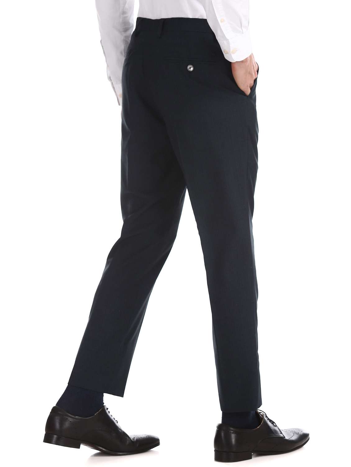 navy blue textured flat front formal trouser - 17741758 - Standard Image - 2