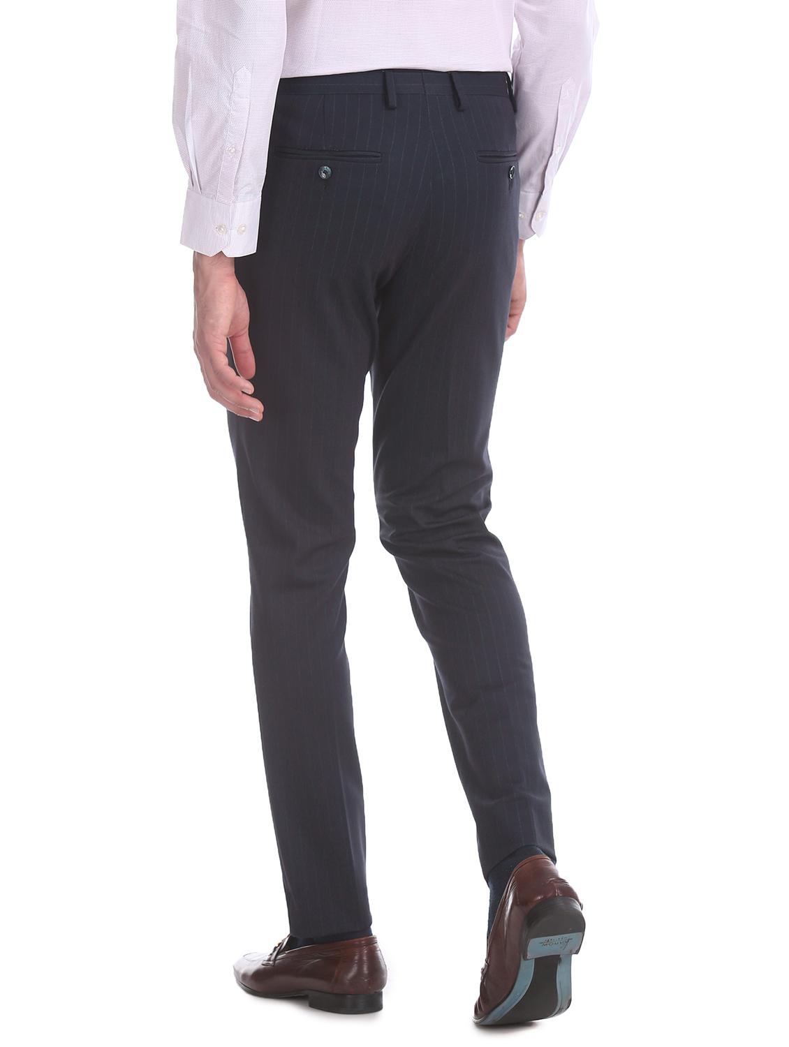 navy blue striped flat front formal trouser - 17741776 - Standard Image - 2