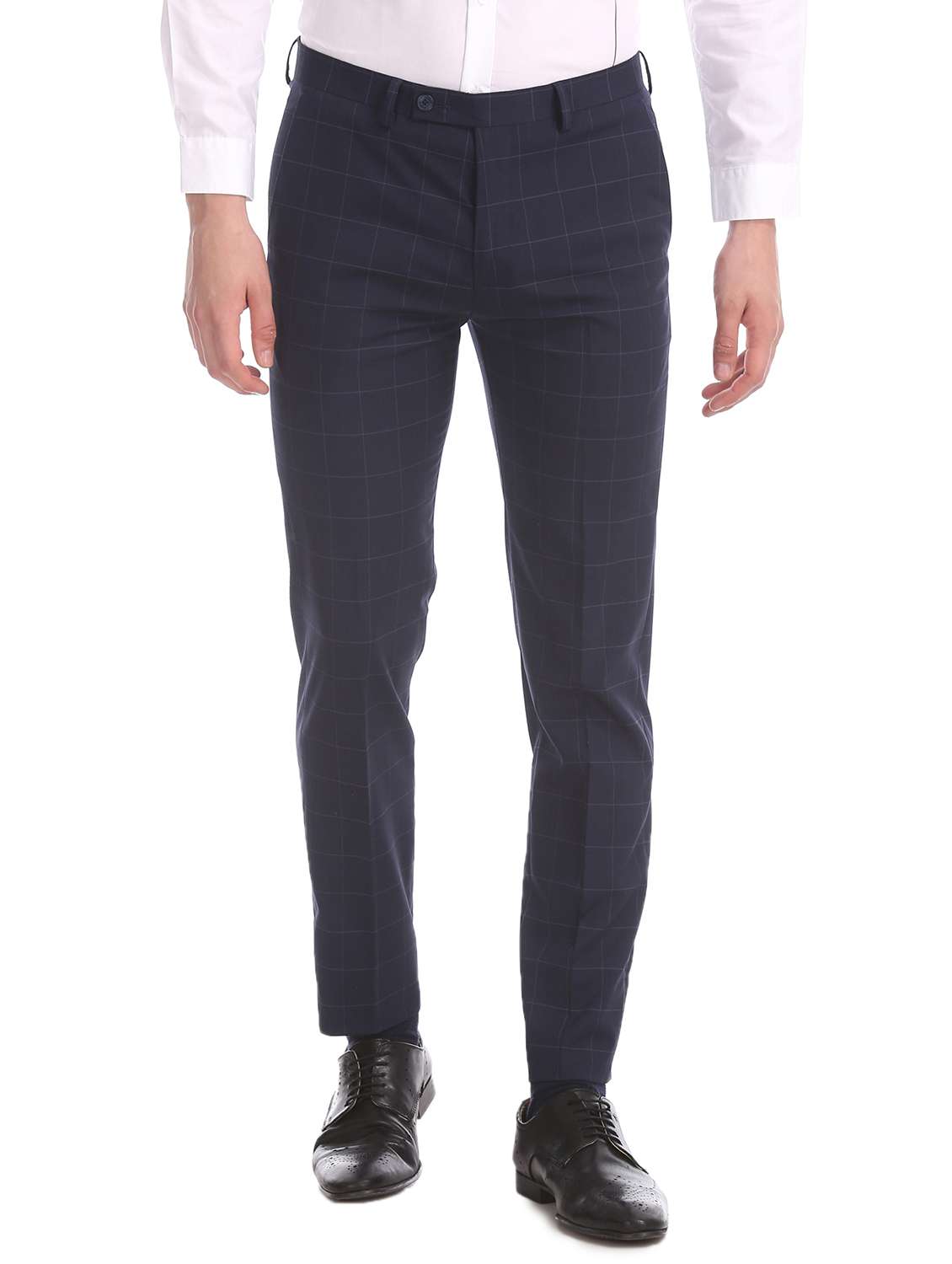 navy blue checkered flat front formal trouser 