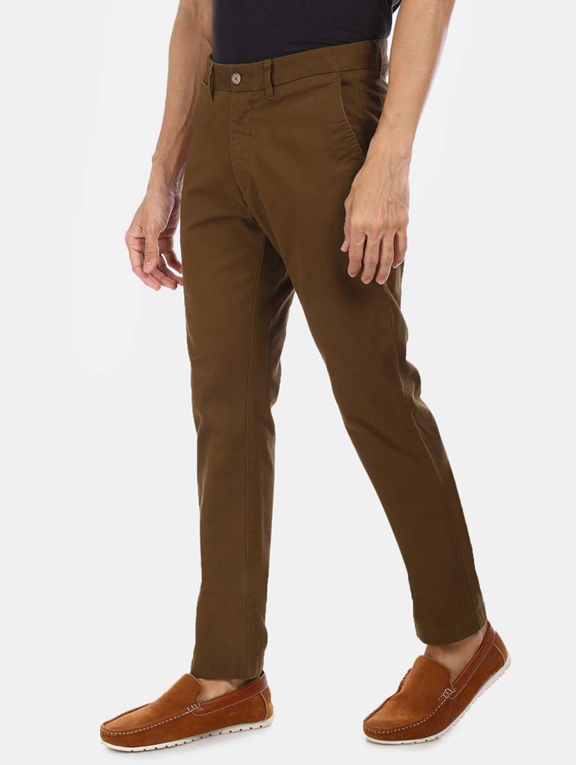 brown solid flat front casual trouser