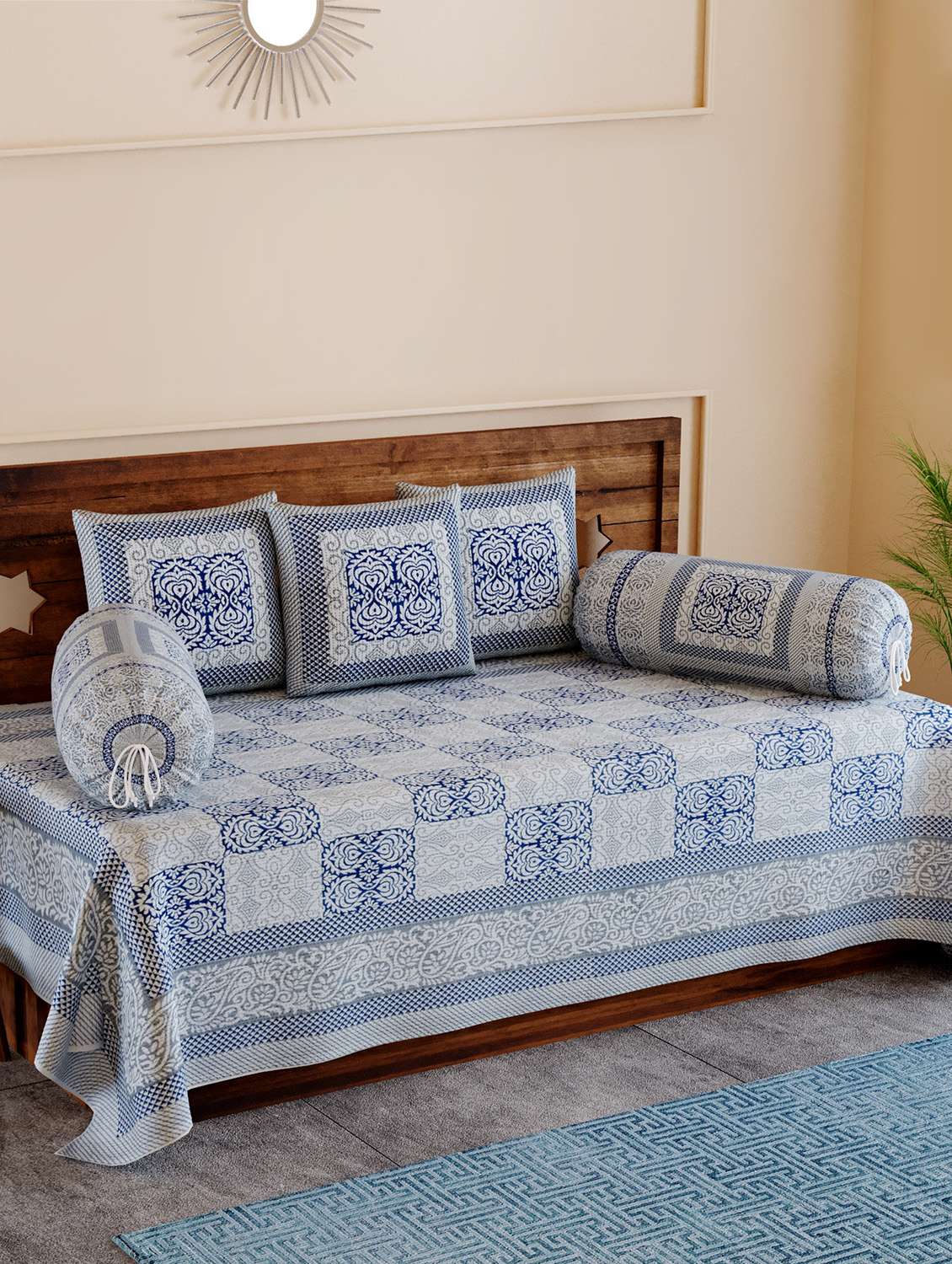 texstylers pure cotton 200 tc jaipuri print kantha look diwan set