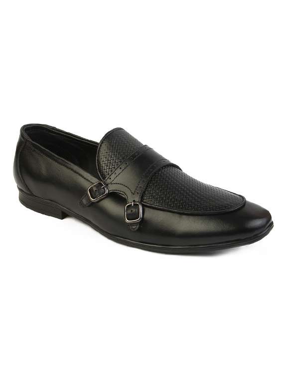 black leather slip on monk straps