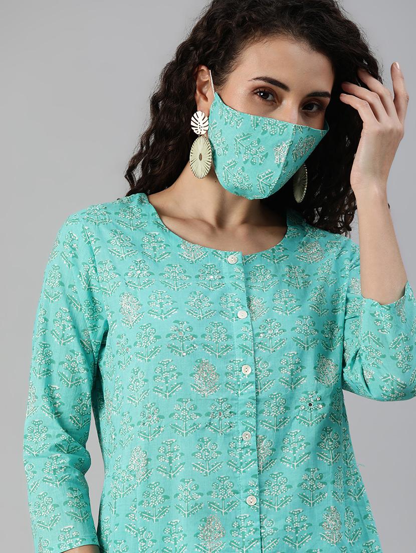 printed kurta pant set with mask - 17754113 - Standard Image - 2