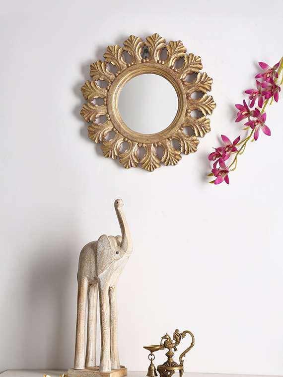 exclusively crafted round mango wood mirror with gold foil