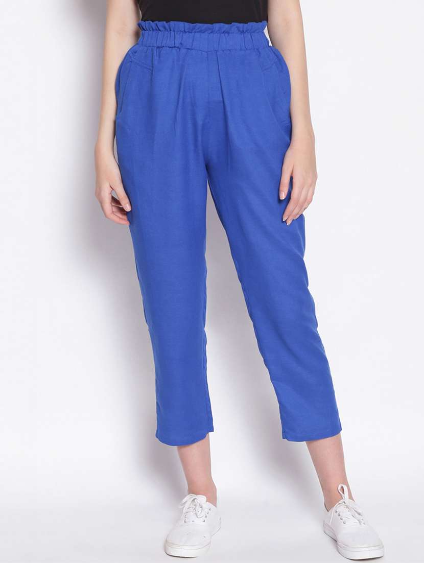 solid blue flat front trouser