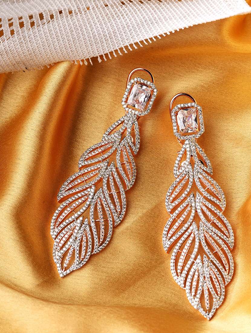 rose gold plated leaf design ad studded earrings