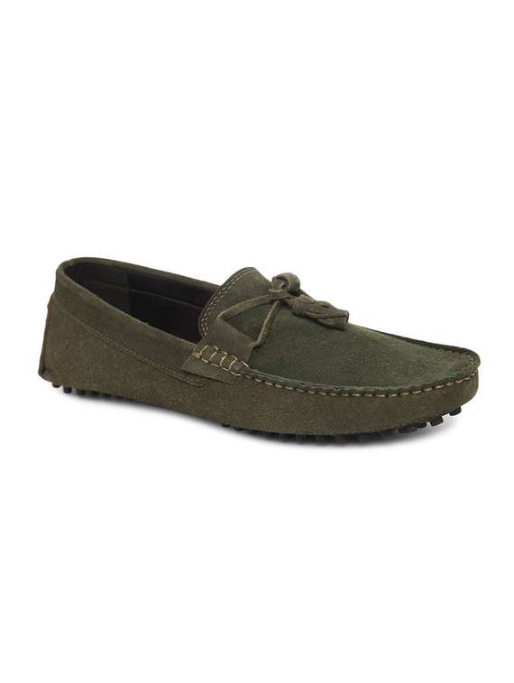 green leather slip on loafers