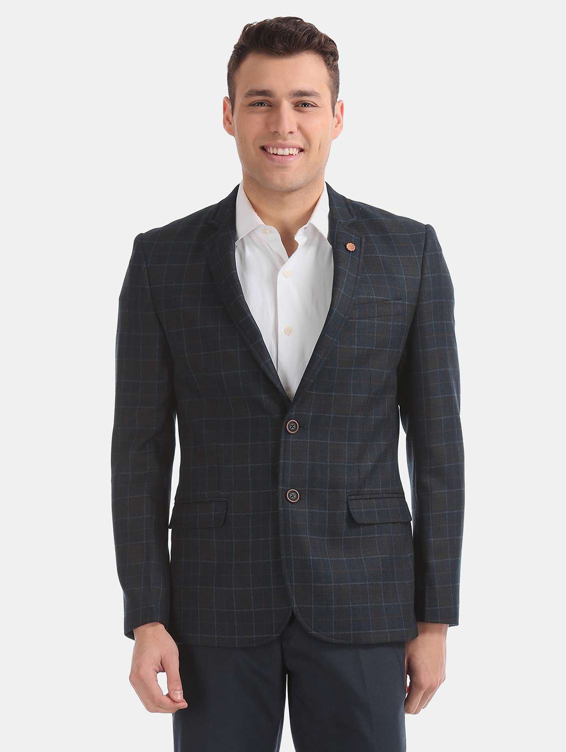 navy blue checkered formal blazer