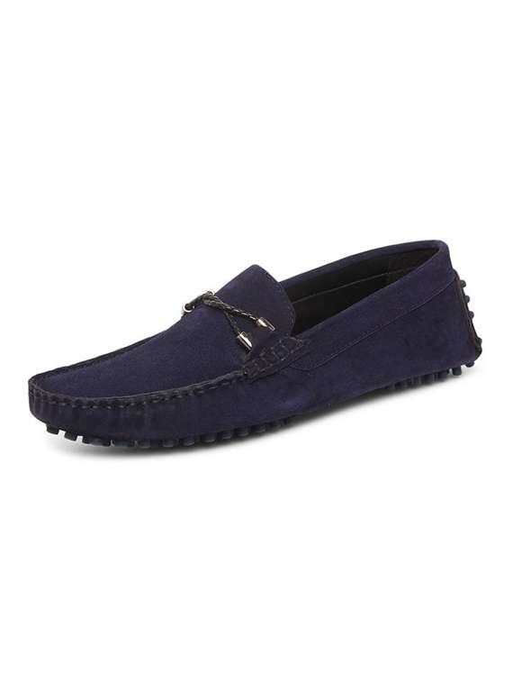 blue suede handicraft loafers