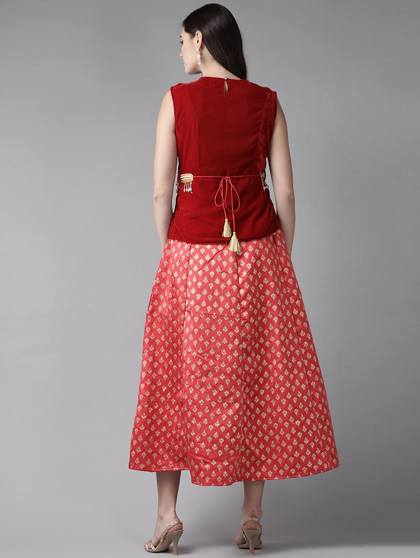 embroidered velvet ethnic dress with jacket - 17762524 - Standard Image - 2