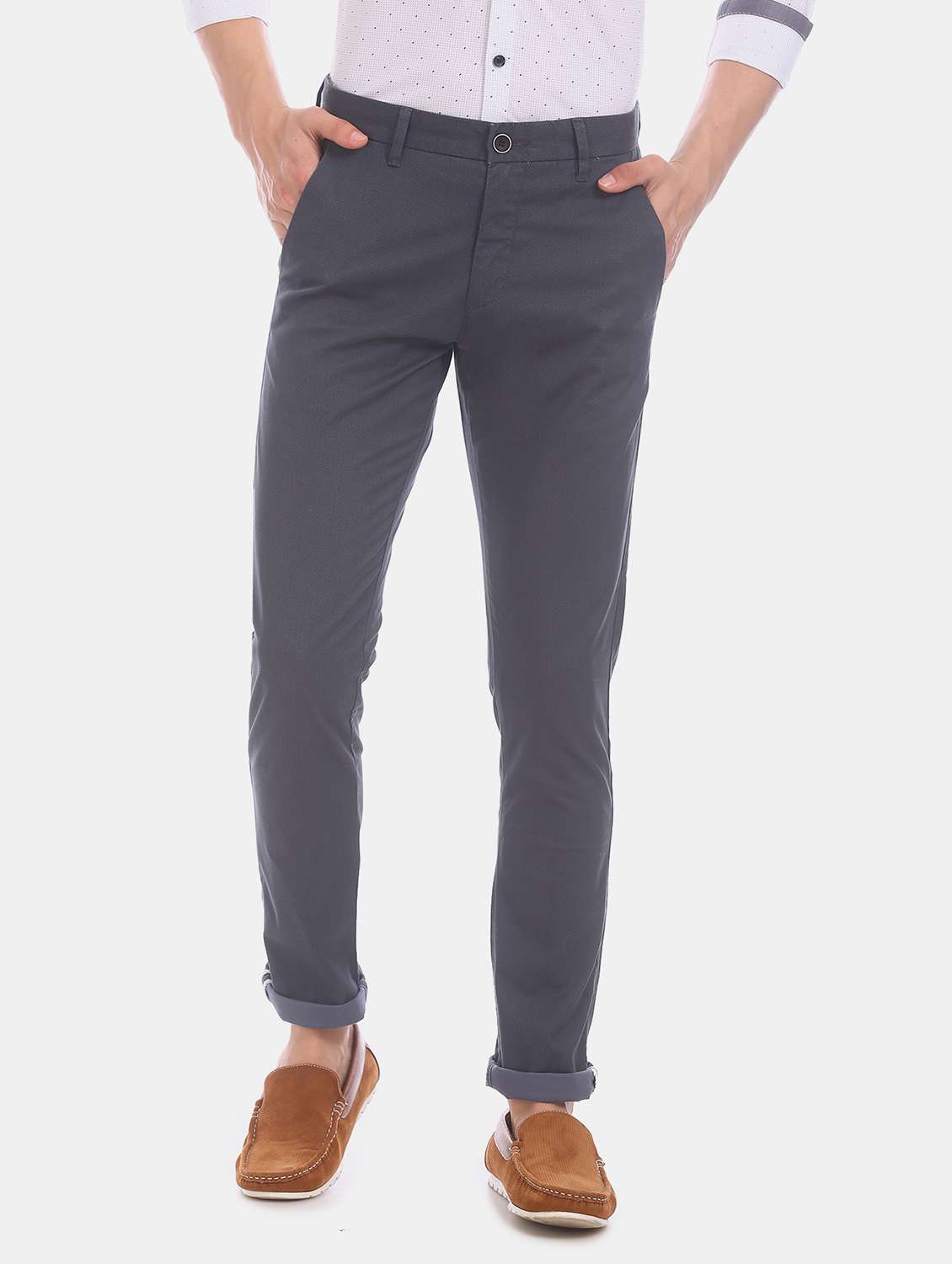 grey printed flat front casual trouser