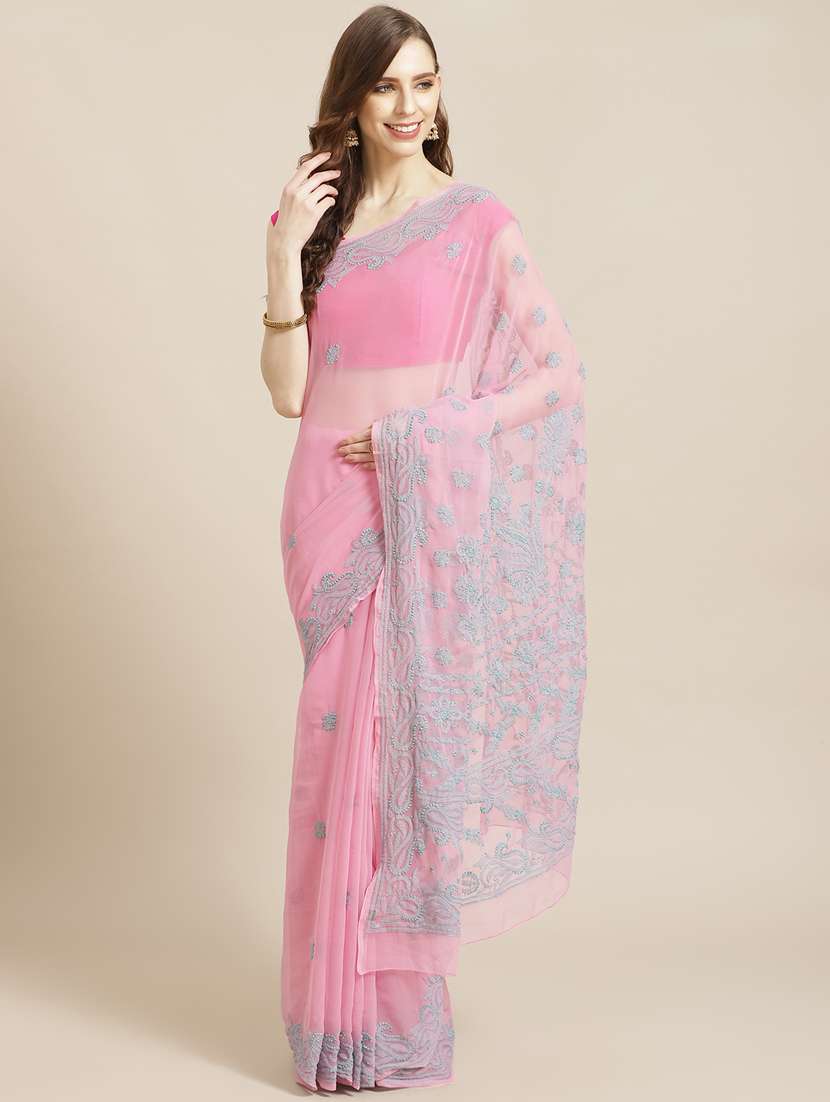 ada hand-embroidered pink chikankari saree with blouse