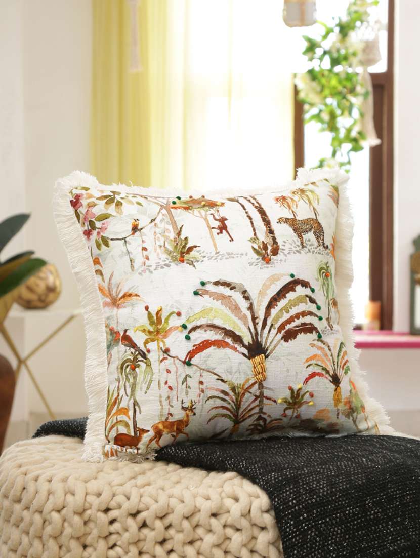 beautiful forest printed cushion cover with fringes
