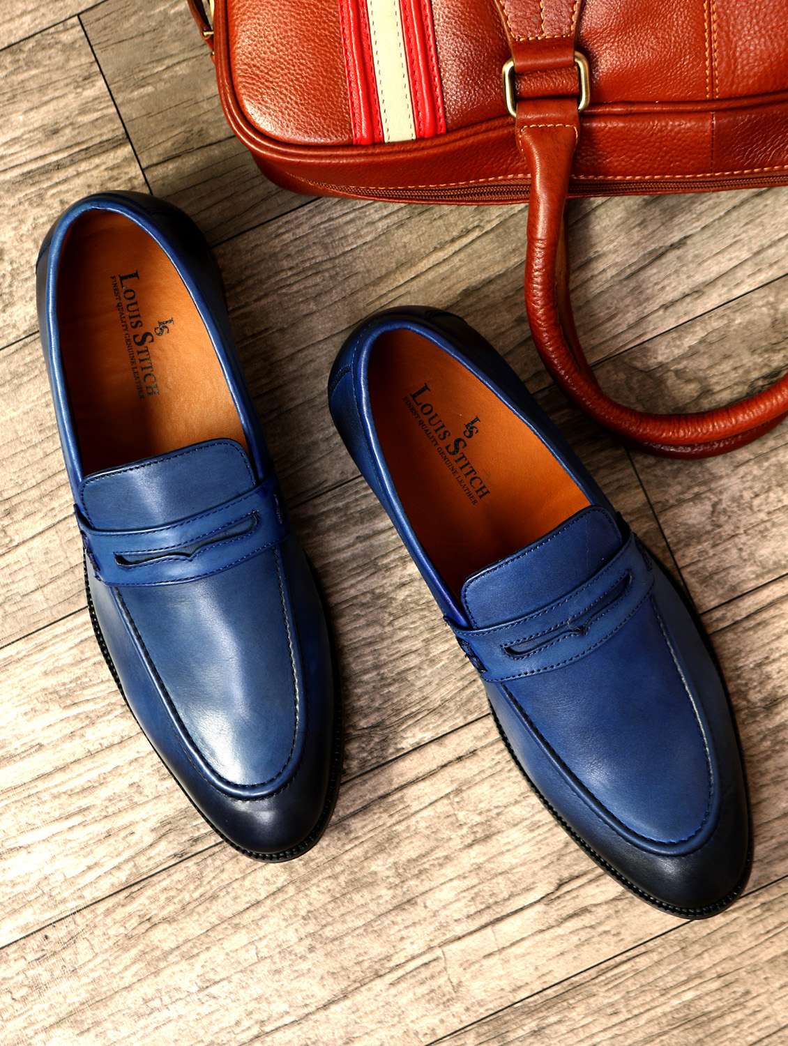 blue leather slip on loafers
