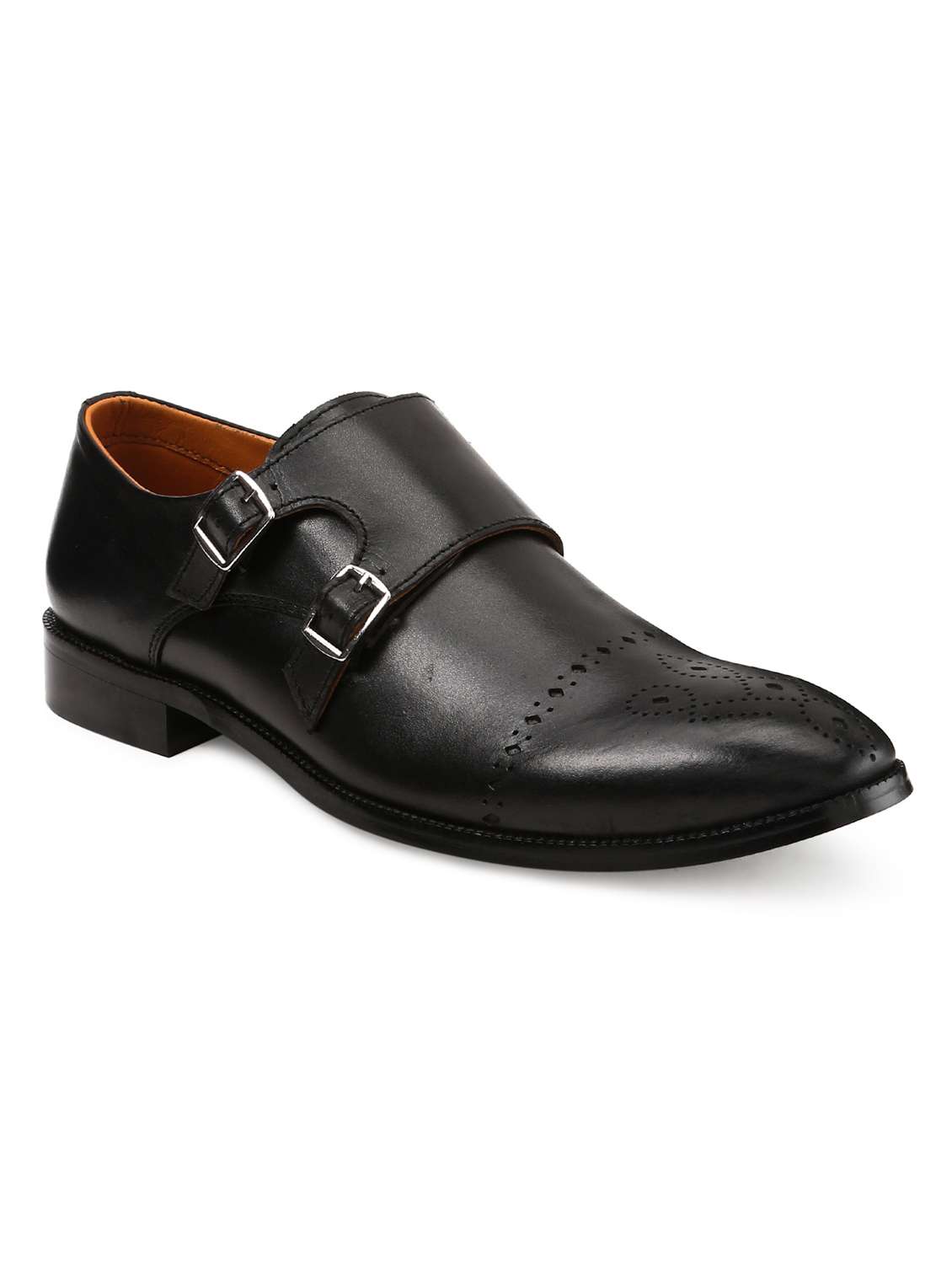 black leather slip on monk straps