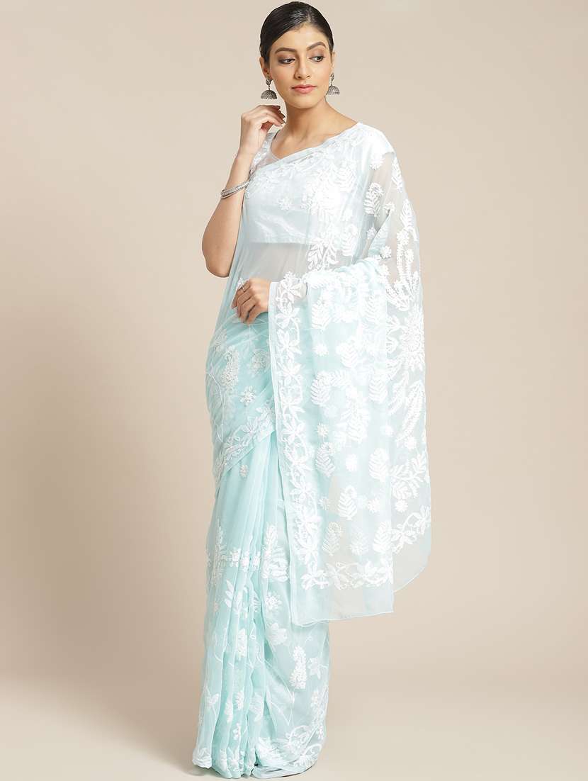 ada hand-embroidered blue chikankari saree with blouse - 17774170 - Zoom Image - 0