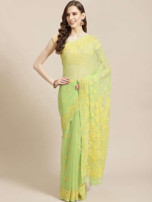 ada hand-embroidered green chikankari saree with blouse - 17778291 - Standard Image - 0