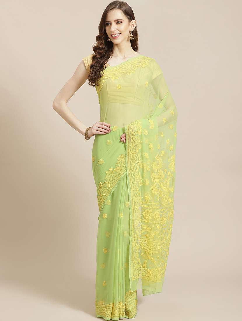 ada hand-embroidered green chikankari saree with blouse - 17778291 - Zoom Image - 0
