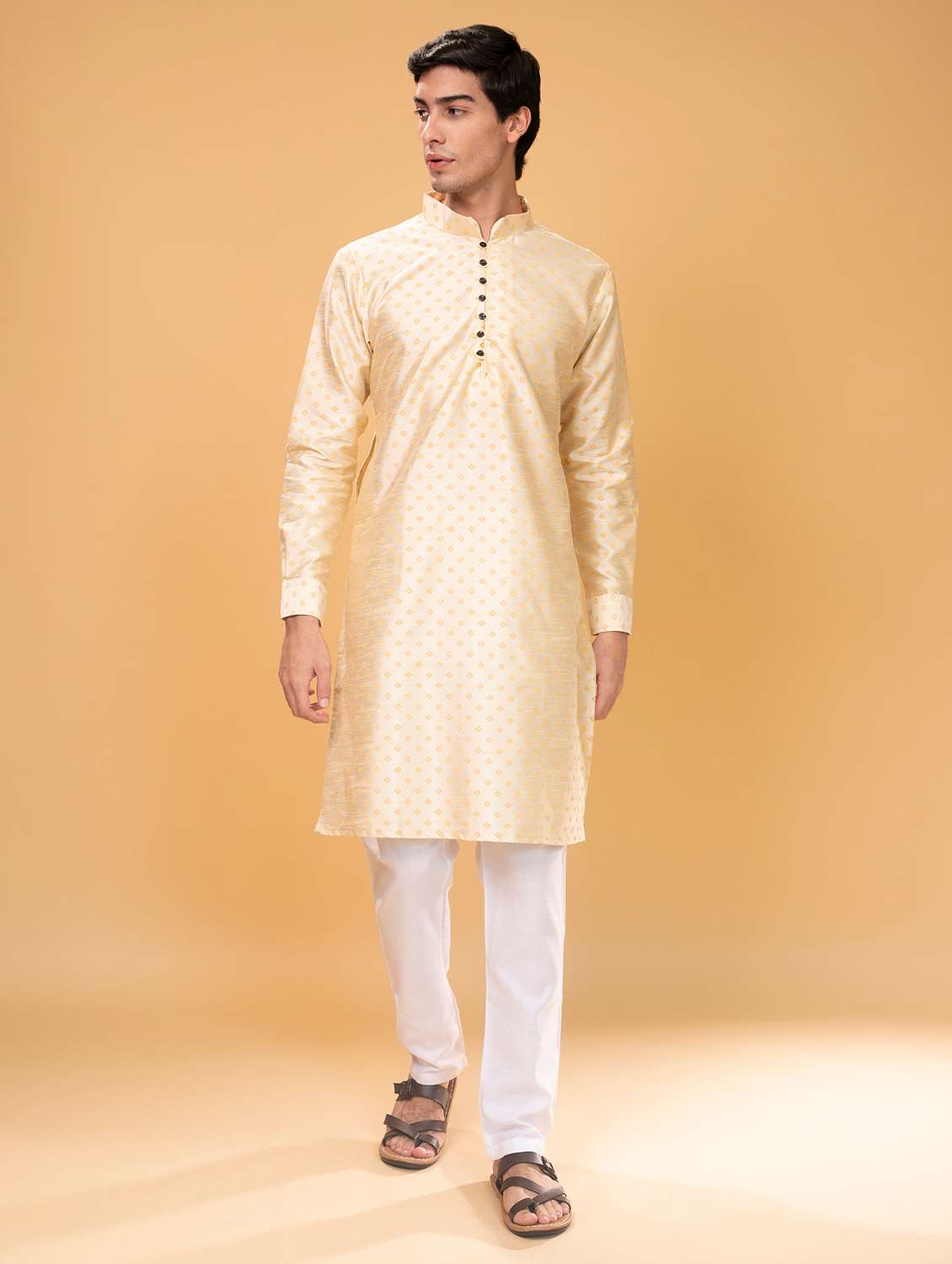 beige printed silk blend long kurta