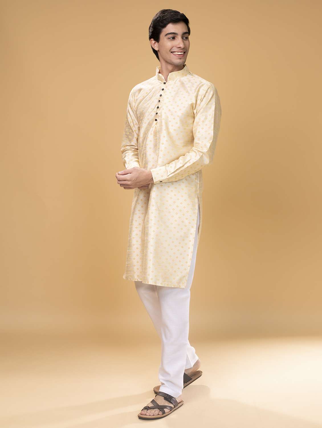beige printed silk blend long kurta - 17779394 -  Standard Image - 2