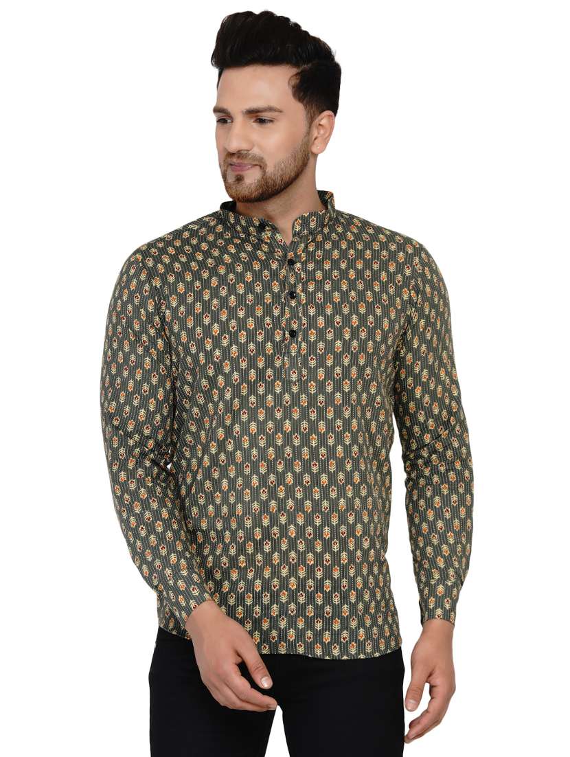 green printed short kurta