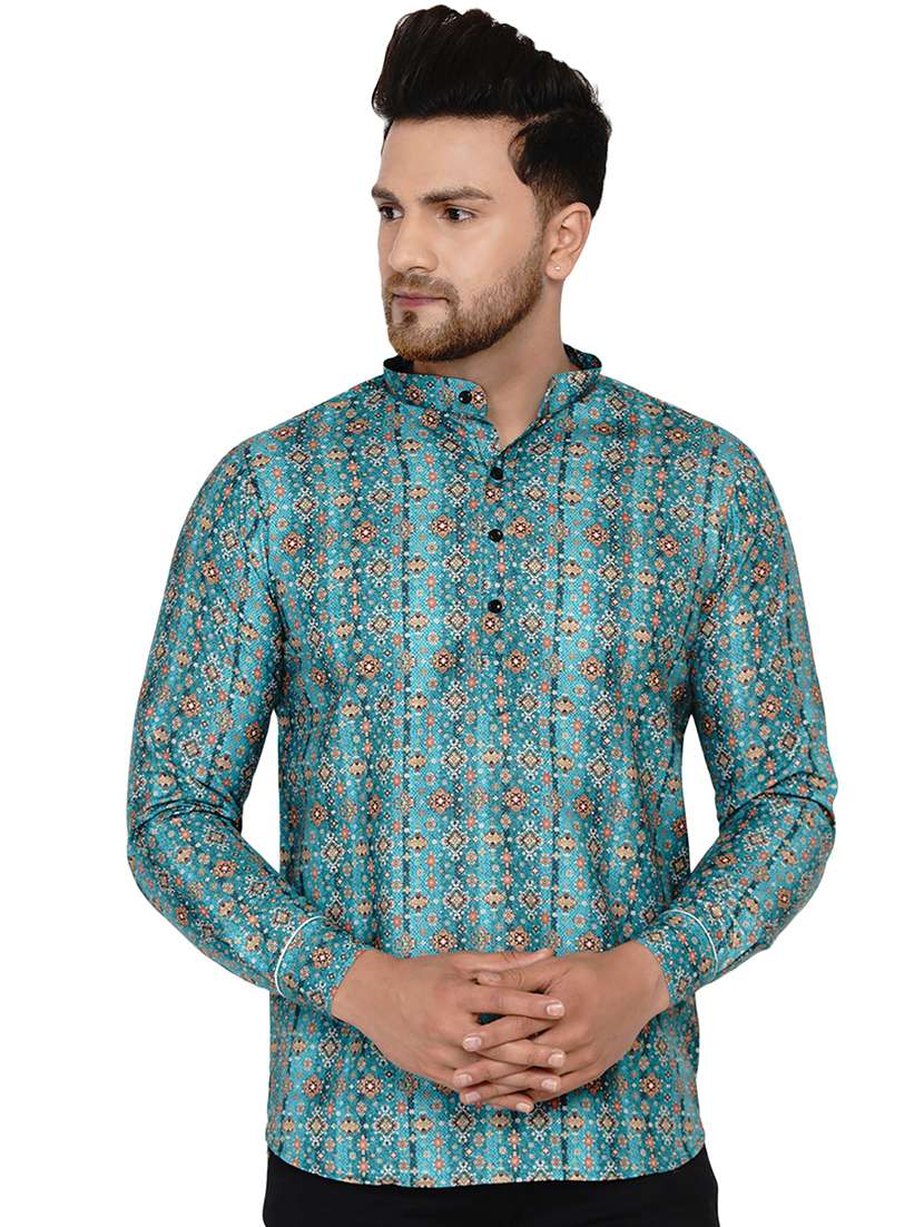 men blue printed long sleeve short kurta