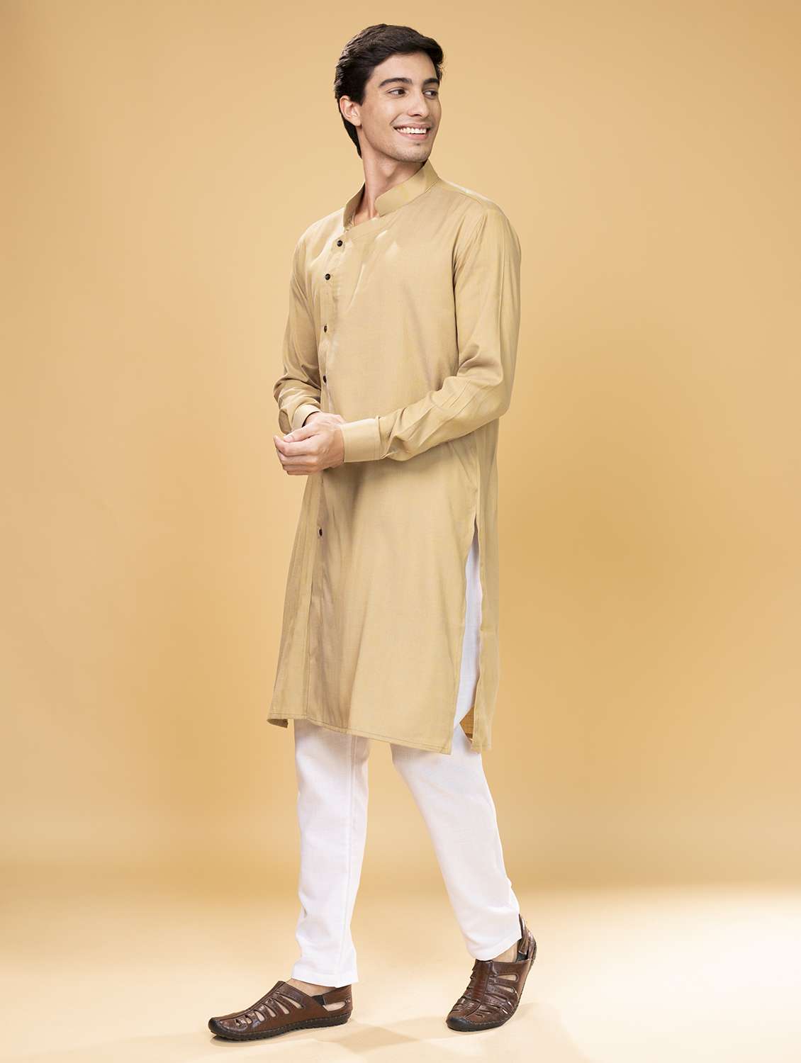 beige solid long kurta - 17779420 -  Standard Image - 2