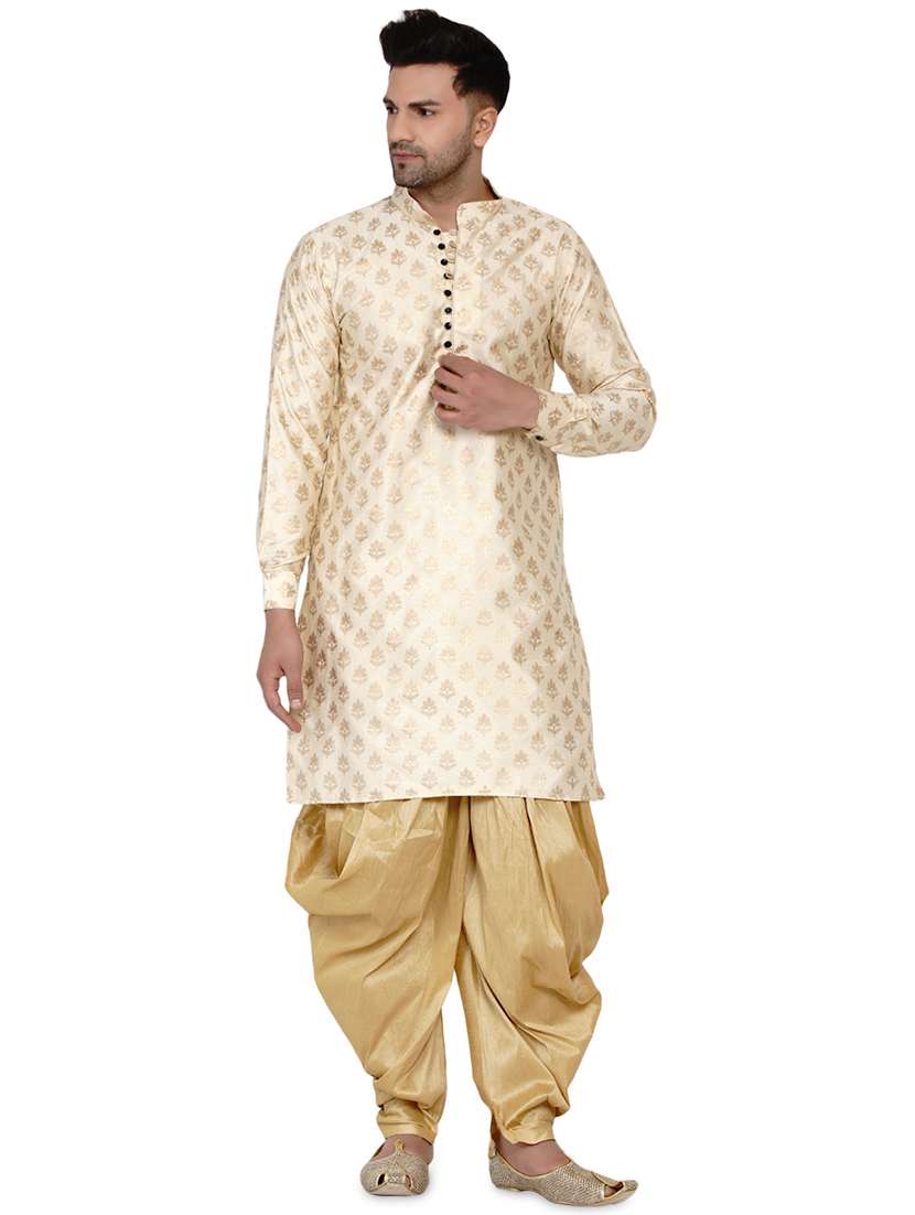 beige printed silk blend long kurta