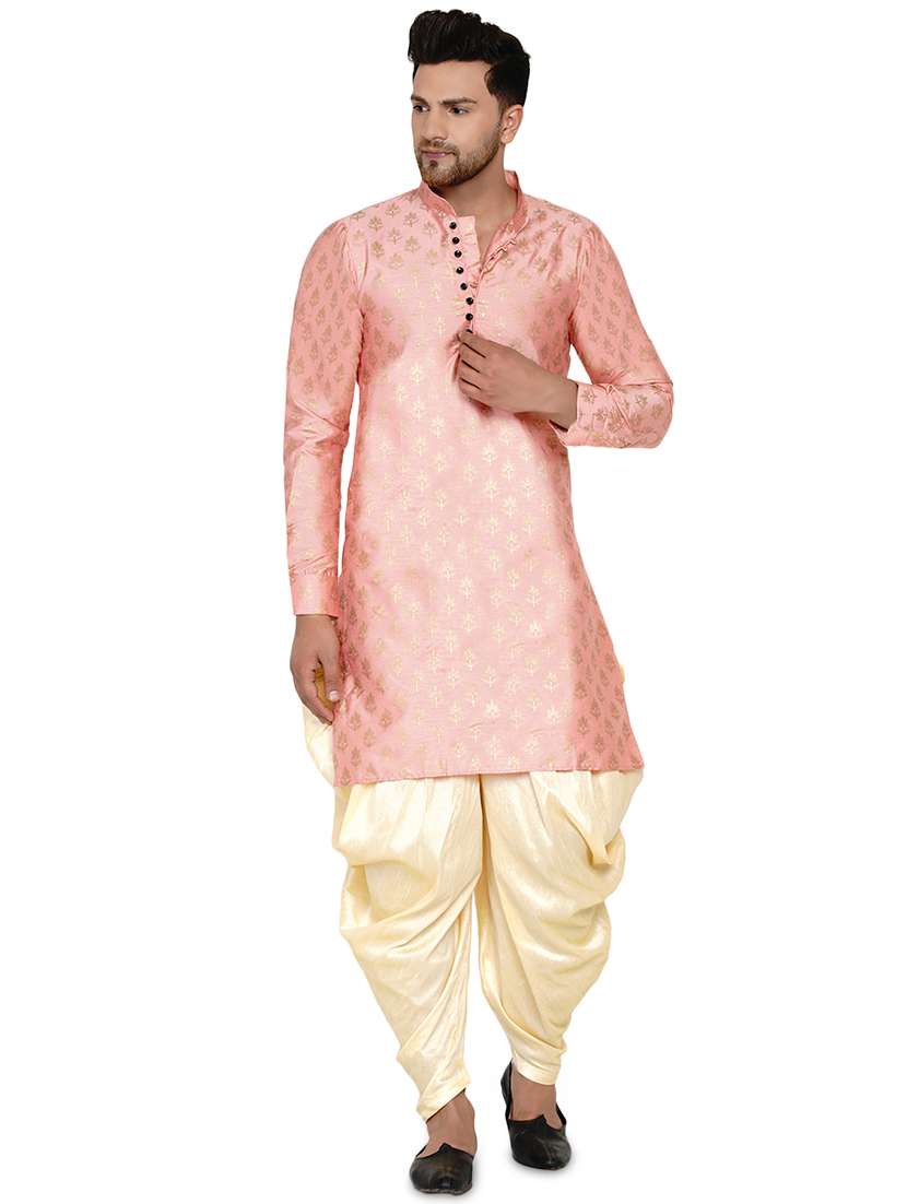 pink printed silk blend long kurta