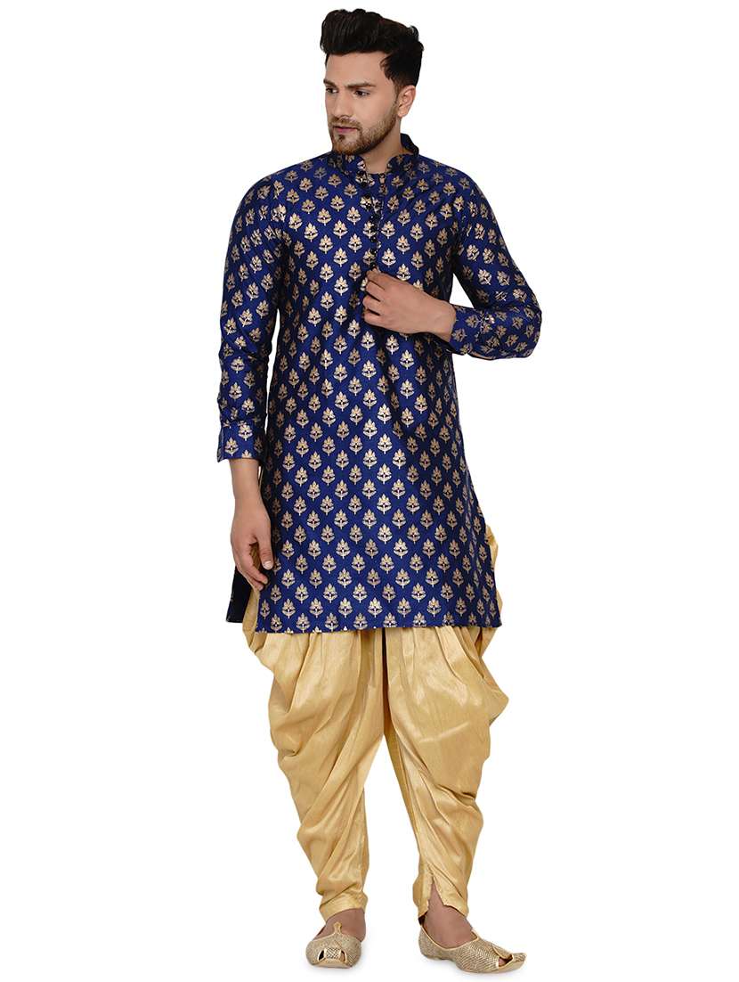blue printed silk blend long kurta