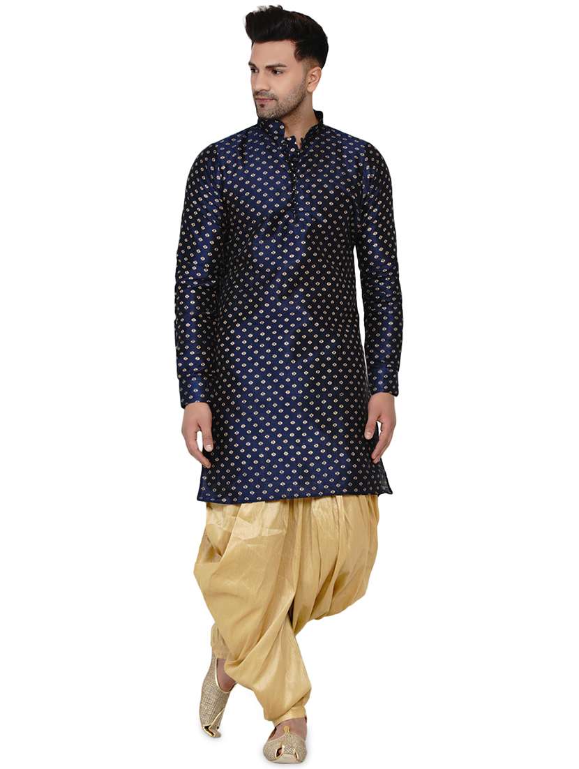 navy blue printed silk blend long kurta