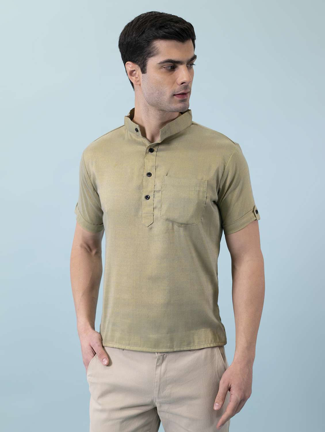 beige solid short kurta