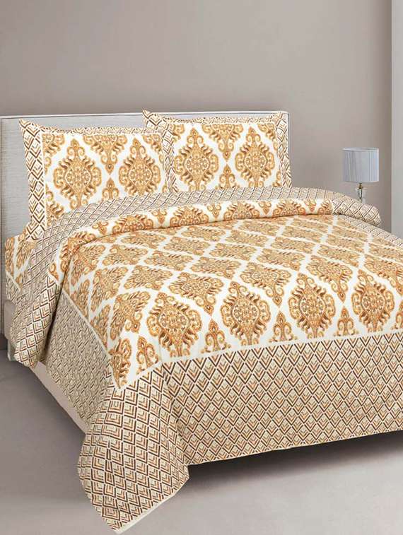 pure cotton golden color zigzag border jaipuri double bedsheet