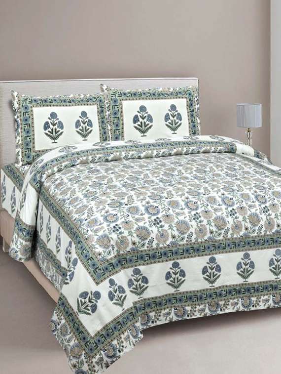 pure cotton green color floral ethnic jaipuri double bedsheet