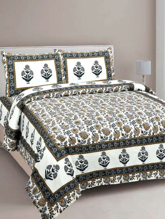 pure cotton grey color floral ethnic jaipuri double bedsheet