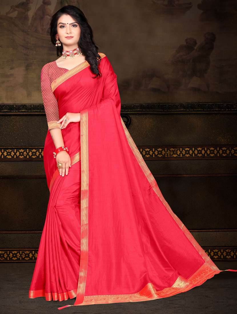 women's bordered red colored saree with blouse