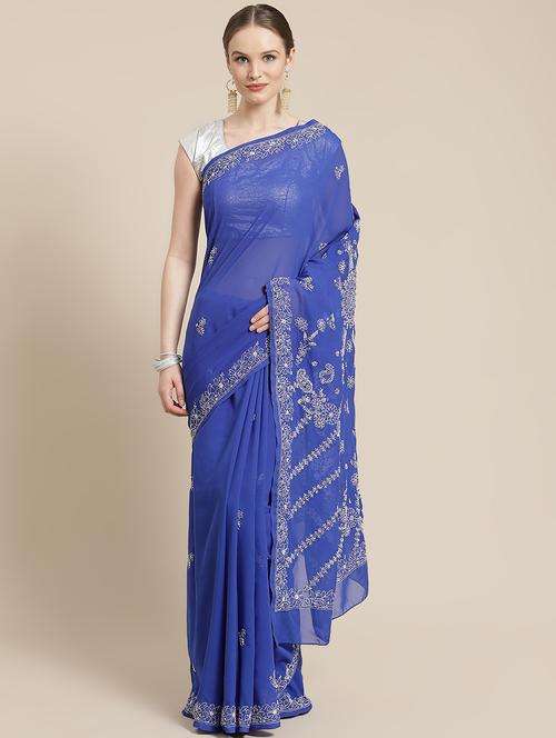 ada hand-embroidered blue chikankari saree with blouse - 17783760 - Standard Image - 0