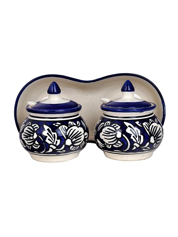 craftghar pickle jar set (ceramic 2 jars with lids, 2 spoons, 1 tray,blue) dinning table storage container - 17784614 - Standard Image - 2