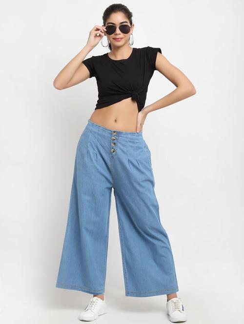 solid mid rise denim palazzo - 17785544 - Standard Image - 0