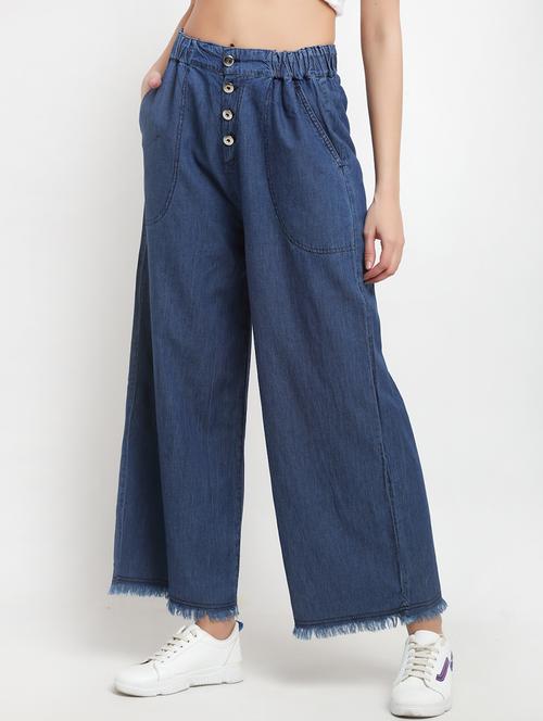 women solid mid rise wide leg demin trouser - 17785545 -  Standard Image - 0