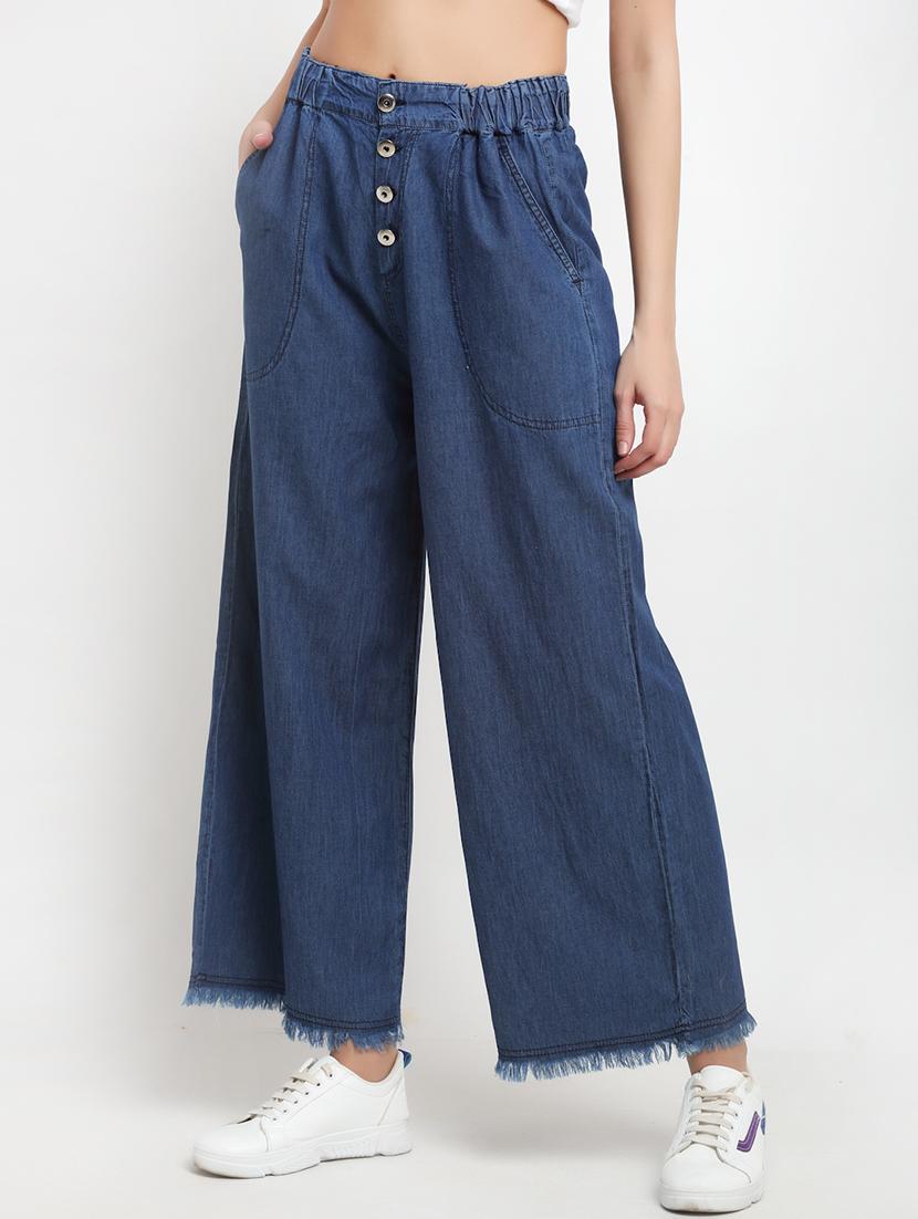 women solid mid rise wide leg demin trouser - 17785545 -  Zoom Image - 0