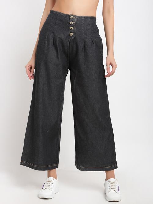 women solid mid rise wide leg demin trouser - 17785549 - Standard Image - 0