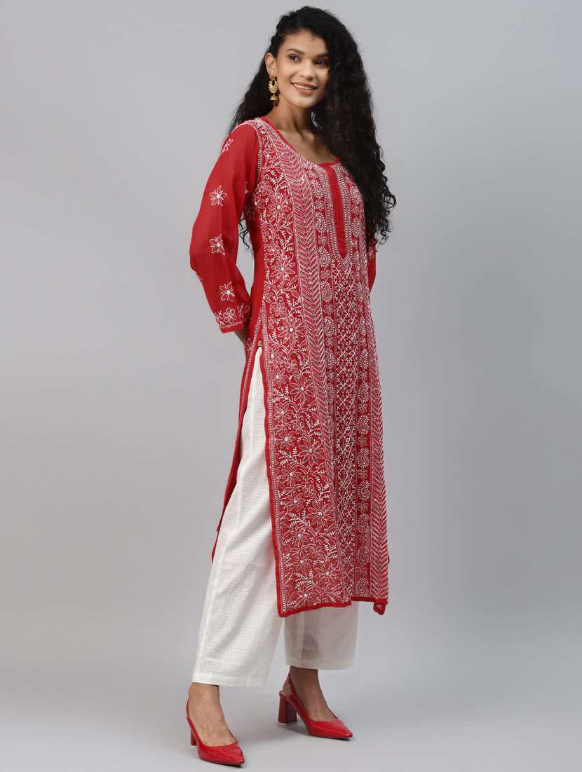 notch neck red chikankari kurta - 17790406 -  Standard Image - 2