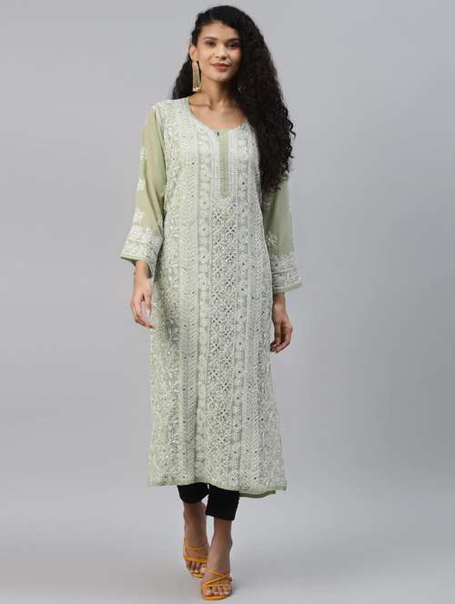 ada hand embroidered green chikankari kurta with muqaish work & matching slip - 17790408 - Standard Image - 0